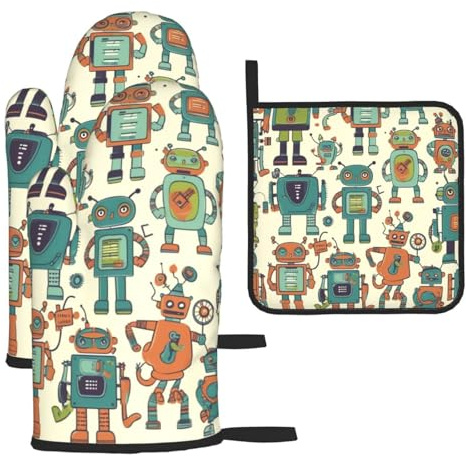 Ofenhandschuhe und Topflappen, Motiv: niedliche Cartoon-Roboter, 3-teilig, hitzebeständige Ofenhandschuhe, extra dick, lange Küchenhandschuhe, Topflappen zum Kochen, Backen, Grillen, Geschenke