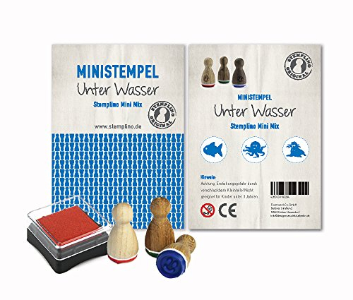 Stemplino® Holzstempel Set 3er Pack Unterwasser - 3 Ministempel: Fisch Krake Robbe | 10 verschiedene Motivmixe zur Auswahl | Mini Geschenke Kinder Mini Spielzeug Stempel Set