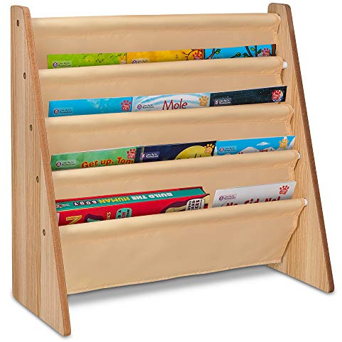 Fineway. 4 Tier Kids Book Storage Rack Wooden Sling Bookshelf Childrens Bookcase Shelves – With Soft Nylon Fabric – Ideal Story Books Organiser For Your Little ones - Natural Colour
