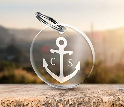 CHRISCK design Schlüsselanhänger rund mit Anker und Initialen Gravur aus massivem und edlem Acrylglas schöne Geschenkidee zum Valentinstag für Paare, Freunde Beste Freundinnen