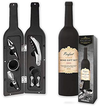 mikamax - Wine Giftset - Set Regalo di Vino - Kit Vino - Nero - Versatore Vino - Tappo Vino - Utensile cavatappi