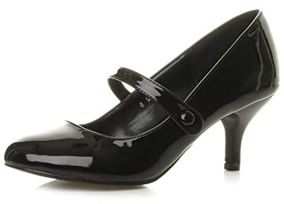 AJVANI Low Medium Heel Mary Jane Strap Party Evening Court Shoes Size 6 39 Black Patent