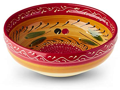 Large Salad Bowl with Garlic Grater. Handmade and Handpainted in Cordoba, Spain. (Orange Bowl with Red Circle and Red Rim, Olive Pattern. 6)