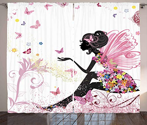 ABAKUHAUS Schmetterling Rustikaler Vorhang, Fantasie-Garten, Wohnzimmer Universalband Gardinen mit Schlaufen und Haken, 280 x 175 cm, Schwarz Rosa