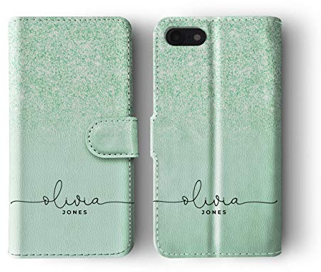 Tirita Personalised Initials Custom Wallet Leather Flip Phone Case Compatible with iPhone 7 Plus & 8 Plus PRINTED GLITTER, NOT REAL GLITTER Ombre Sequins Effect Pale Mint Green