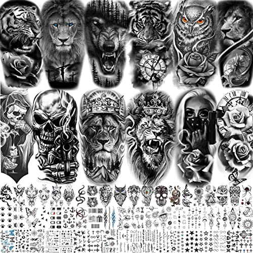 LAROI 69 Blätter Schwarz Tiere Tattoos Zum Aufkleben Herren Frauen Klebetattoos Erwachsene, Löwe Wolf Tiger Gangster Fake Aufkleber Damen Männer, Halloween Eule Schädel Klebe Temporäre Tattoos
