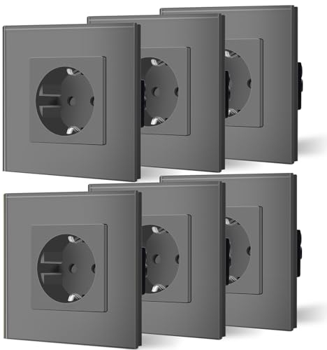 BSEED Schuko Steckdose 6er Pack, 16Amp AC Power Kristallglas Platte, 1 Fach Unterputzdose Steckdose, 86mm Einzelschutz Schutzkontaktbuchse Wandsteckdose Wandsteckdose Grau