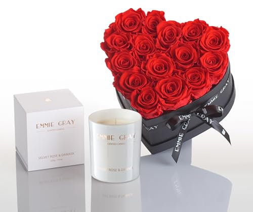IRRESISTIBLE BRAMBLE SET - Infinity Roses and Scented Candle - Seductive Vibrant Red Arranged in Heart-Shaped Rose Box Combined with Scented Candle Black Rose & Bramble