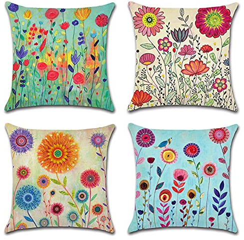 Artscope wasserdichte Kissenbezugen, 4 Stück Blumen Muster Kissenhülle Atmungsaktiv Kissen Fall für Outdoor Balkon Terrasse Patio Garten Bauernhaus Dekor 40 x 40cm