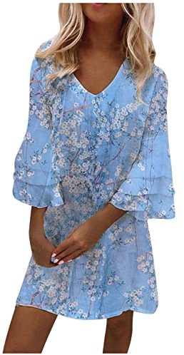 QHDDP Italienische Kleider Damen BlumenmäDchenkleider Wickelkleid RöCke Damen Knielang Partykleider Cocktailkleider Kleid Plissee BH RüCkenfreies Kleid Satin Abendkleid Hawaii Kleid (Himmelblau #1,L)
