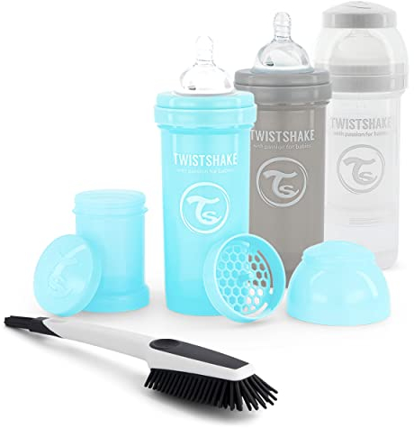 Twistshake Easy Choice Anti-Cólicos Kit de Biberones, 4 st - 3x Bebés Biberón Anti-Cólicos con Tetina Medio, 1x Cepillo de Limpieza, 2+ Meses, Chico, 78964, 1