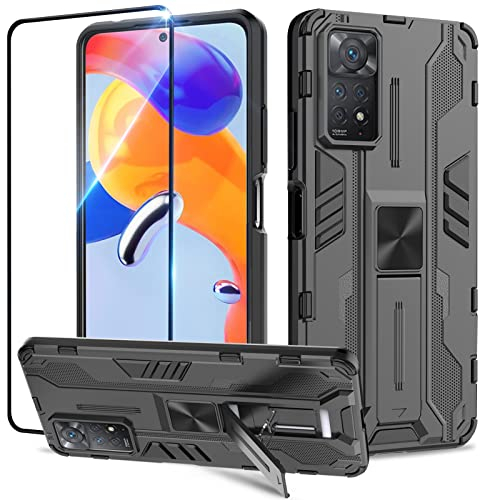 Btstring Funda para Xiaomi Redmi Note 11 Pro con Cristal Templado Protector Pantalla, Carcasa Protectora Antigolpes con Soporte Reforzado- Negro