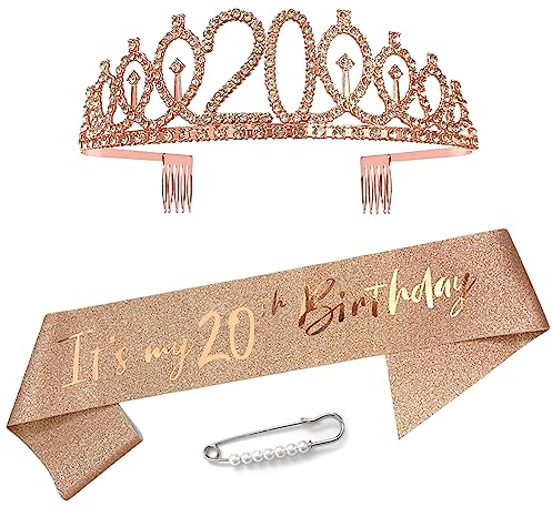 Maigendoo 20. Geburtstag Gürtel Krone Geburtstag Kopfschmuck Kristall Tiara Crown Prinzessin Haar-Zusätze Geburtstag Schärpe Anzug mit Kleiderbrosche für Mädchen Frauen Geburtstagsparty Dekoration
