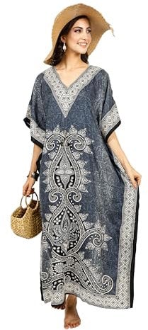 Shah Crafts.Women Kaftan Dress Kimono Long Maxi Beach Cover Up Night Gown Swimsuit Top Nightdress Robe Plus Size Loungewear Tunic Grey