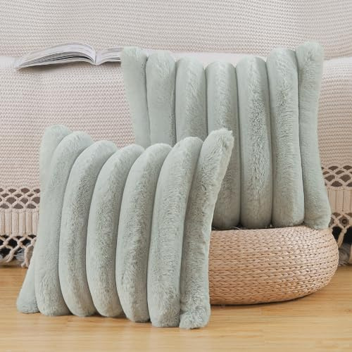 Madizz 2er Set Plüsch Samt Dekorative Kissenbezüge Flauschig Gestreifte Weich Kissenbezug für Sofa Schlafzimmer Kissen Shell Grau 65 x 65 cm Quadrat