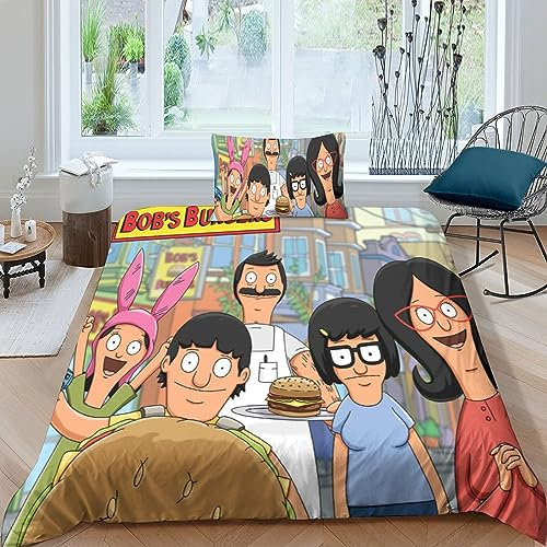 BYTUGI Bobs Burgers Bettwäsche 3D Bettbezug, Animation Set Bettwäsche Set Bettbezüge Mikrofaser Bettbezug Mit Reißverschluss Und Kissenbezug Single(135x200cm)