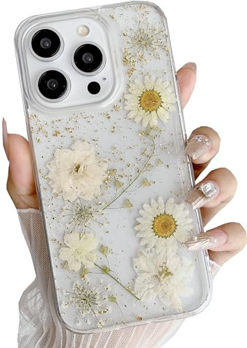 JANDM Real Flower Case for iPhone 11, Clear Soft Flexible Rubber Pressed Dry Real Flower Girls Women Glitter Floral Case Compatible with iPhone 11 -Daisy
