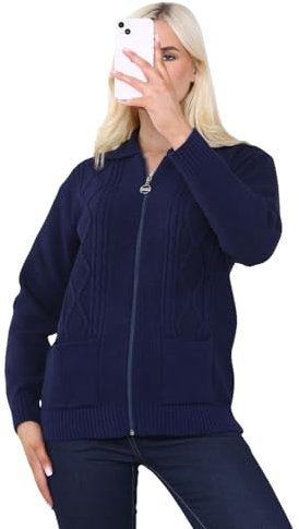 STAR FASHION Women's Cable Knit Zip Through Jumper Long Sleeve Cardigan Ladies Collared Neck Knitwear Zipper Cardigan 2 Pockets Pullover Navy 20-22