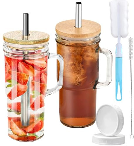 AXIM Tumbler Glass Cups with Straw and Lid,24oz/700ml Mason Glass Cups with Handle,Iced Coffee Cups with Lids,Drinking Glasses for Bubble Tea, Smoothies, Juice and Beer (2 Pcs)