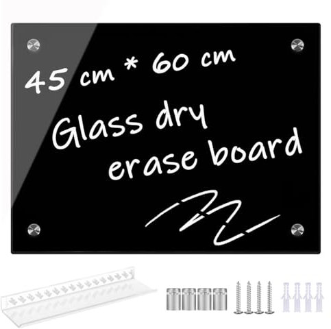 Umtiti Tableau blanc en verre noir effaçable à sec, 45 x 60 cm, tableau blanc en verre sans cadre pour la maison, l'école, le bureau, surface noire. Glass-BK4560
