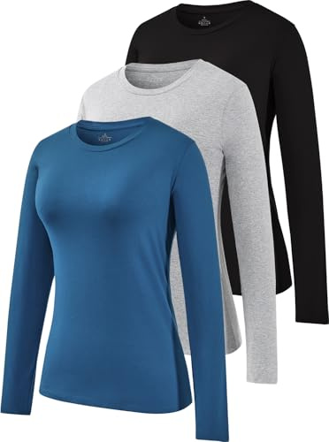 Star Vibe 3 Pack Crew Neck Long Sleeve Top Long Sleeve Tops Women Ladies Running Tops Black/Gray/Navy XL