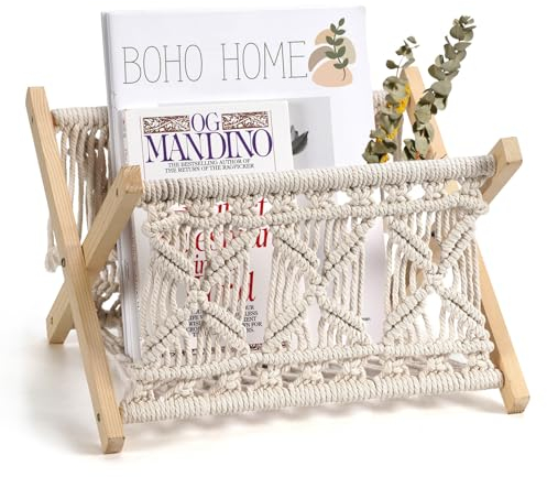 WPAJIRZO Porte-revues en macramé - En bois et corde de coton - Style bohème rustique - Panier de rangement pour journaux, magazines, livres, magazines - 21 x 32 x 26 cm