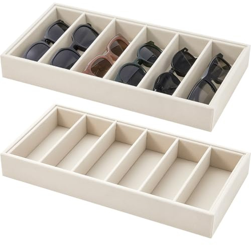 Juexica 2 Pcs Velvet Sunglasses Organizer Tray 6 Grid Sunglass Organizer Velvet Tray Stackable Glasses Display Case for Women Glasses Jewelry Display Watch (Beige)