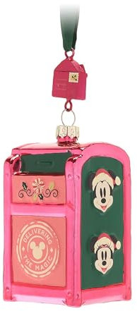 Disney Store Official Mickey Mouse and Minnie Mouse Holiday Mailbox Glass Sketchbook Ornament, 10cm/4”, Glittering Christmas Home Décor, Traditional Hanging Festive Decoration