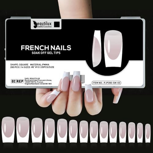 Beautilux Faux Ongles Medium Square French Press on Ongles 280 Pièces 14 Tailles, Soak Off Faux Ongles Pose Americaine Pour Manucures à Domicile