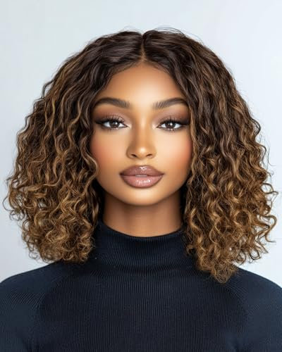 FASHION IDOL Kurze lockige Bob Echthaarperücke Vorgeschnitten Vorgezupft Glueless Wear and Go Lace Perücke 200% Dichte Upgraded Unsichtbares Geheimnis Glueless Echthaar Perücken