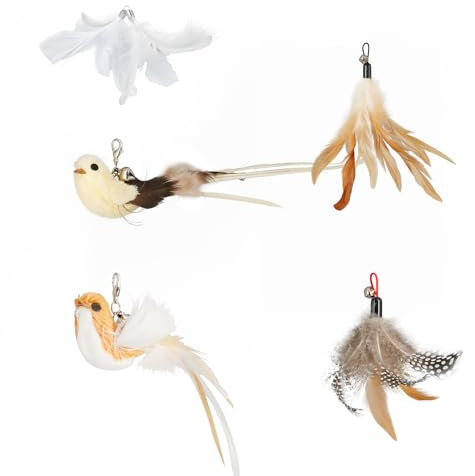 ROSAUI 5er Pack Katzenangel Ersatzfedern, Katzenspielzeug Bunte Federn Zubehör, Interaktives Katzen Spielzeug mit Glöckchen Cat Toys
