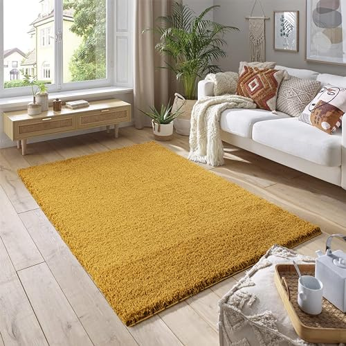 SmartLiving Rug 60 x 220cm Ochre Beige Shaggy Rug Soft Thick 5cm Pile Modern Shimmer Area Rug, Fluffy Non Slip Bedroom Living Room Hallway Carpet, Luxury Shiny Floor Rug