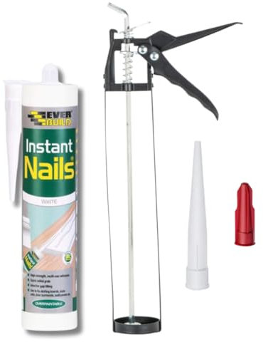 No More Nails Grab Adhesive Bundle: Instant Nails High Strength Quick Grab Panel Adhesive 290ml, Skeleton Caulking Gun and Spare nozzles.
