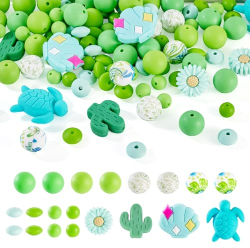 Spritewelry 108 perline in silicone a forma di tartaruga, a forma di cactus, margherite, rotonde, distanziatori sfusi in gomma, per portachiavi fai da te, cordino, creazione di gioielli, colore: verde