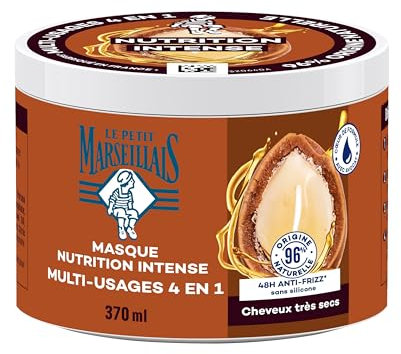 Le Petit Marseillais Masque 4 en 1 Nutrition Intense Huile d'Argan Bio (pot de 370 ml) – Masque capillaire pour cheveux très secs – Soin cheveux sans silicone 96% d'origine naturelle