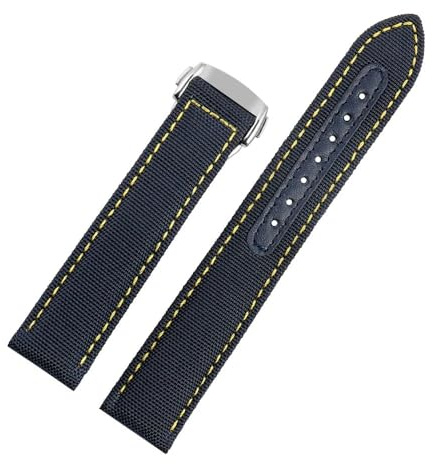 WUWMTUTCK Nylon Canvas Lea/ther Bottom Uhrenarmband 19 20mm Blau Schwarz Weiß Gelbe Linien Herrenarmband Passend for Omega Passend for Seamaster AT150