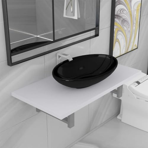 QJBSAVVA Badmöbel Set Wandregal mit Ovalem Keramik Waschbecken Weiß und Schwarz 60 x 40 cm Stilvolles Badezimmer Regal mit Metallrahmen für Waschraum Schminkraum