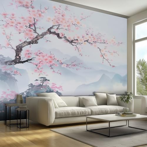 Fototapete Vlies Tapete Japanische Kirschblüten Fototapeten Vliestapete Tapeten Moderne Wandtapete, Wohnzimmer, Flur, TV Hintergrund Wandtapete Poster Bilder Wand Deko, 400 x 280cm (B×H) QK55