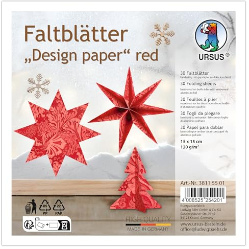 Ursus 3811 55 01 - Faltblätter „Designpapier“ Rot, 30 Stück, 15 x 15 cm, 120 g/m², beidseititg kaschiert mit geprägter Alufolie, Bastelpapier für Origami, Falten & Deko