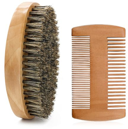 Beard Brush & Comb Set Boar Bristle Beard Kit for Men | Natural Boar Bristle Wooden Comb Beard Care Set for Men Grooming, Travel