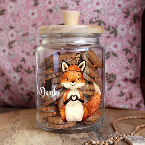 ilka parey wandtattoo-welt Keksglas Keksdose Vorratsglas Geschenkglas mit Fuchs und Spruch Danke und Holzdeckel Geburtstag Geschenk ksglb01