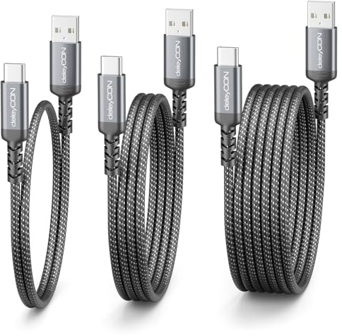 deleyCON USB-A auf USB-C Kabel Set 0,5m+1m+2m, 3 Stück | Ladekabel Datenkabel für iPhone 17/15/16 Pro Max Air, Galaxy A16/A56/S26/S25/S24/S23, Pixel, iPad, AirPods, PS5