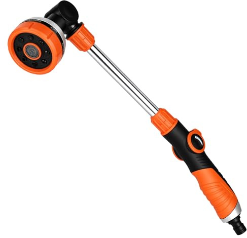 Watering Lance Garden Hose Pipe Spray Gun Long Handle with 8 Spray Patterns,180° Rotating Extended Spray Nozzle Hose Wand for Hanging Basket, Plants Lawns Watering, Pets Shower, Car Wash (Orange)