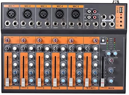 GLETSF Table De Mixage Audio Portable 7 Canaux Micro/Ligne avec Égaliseur 3 Bandes, Interface USB Et Alimentation Fantôme 48 V (Adaptateur Secteur Inclus). Idéale pour DJ.