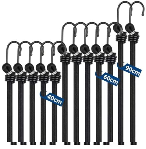 12pc Bungee Cord Assortment Set with Metal Hooks, Mixed Lengths Multi-Size Elastic Straps, 35KG High Tension Tie Downs for Tents, Moving, Tarps, Bicycle & Cargo Management