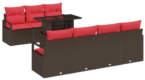 vidaXL Gartensofa-Set mit Speicher 8 pcs Braun und Rot Poly-Rattan, Garten und Terrasse, modernes Outdoormöbel-Set, rechteckiges Sofa, robuster Rattan, UV-beständig, Bequeme Lounge