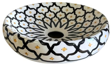 Lavabo à poser en céramique décorée à la main de Fès Ø37 cm - Lavabo artisanal marocain blanc avec décorations noires et jaunes, trou d'évacuation Ø5,5 cm