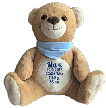 KIDDI-MEDIA Stofftier Plüsch Teddy mit Name & Geburtsdatum Bestickt (Halstuch: Hellblau (Junge))