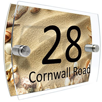 Personalised House Number Sign Printed Plaque Garden Glass Effect Acrylic Sign Door Plate Marble Wall Display 2 Part Branded Acrylic (Sea shells Frame)