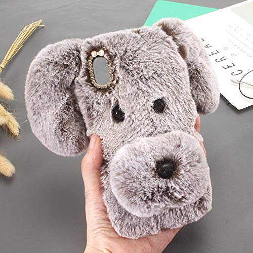 HongHushop Cute dog Case Plush Cover for iPhone XR Case Super Soft Warm Fluffy Furry Shockproof Back Case Cover Chic Bling Crystal Diamond Bowknot Case -Brown